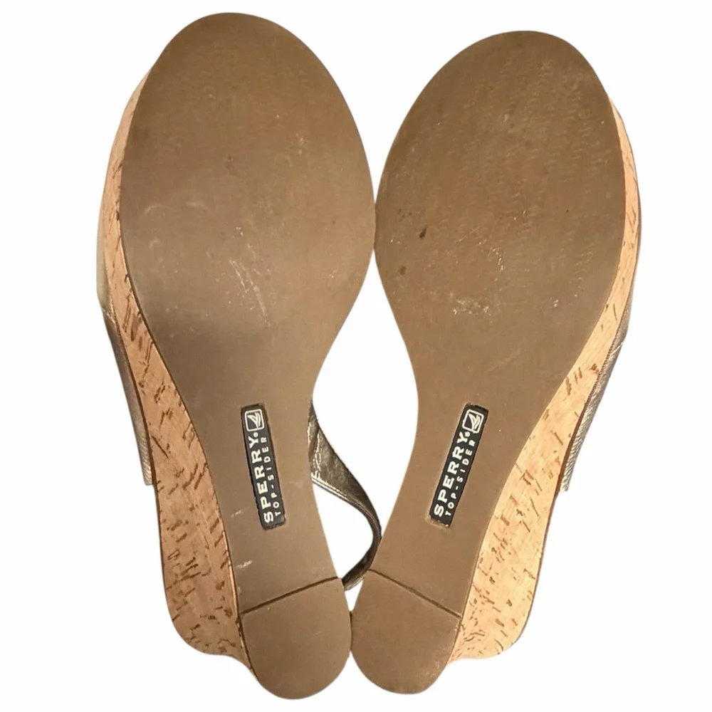Sperry Metallic Gold Wedge Open Toe Slingbacks -‎ Size 8